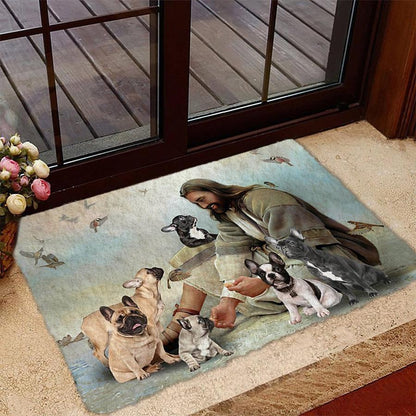 Jesus Surrounded By French Bulldogs Doormat