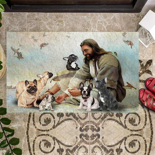 Jesus Surrounded By French Bulldogs Doormat