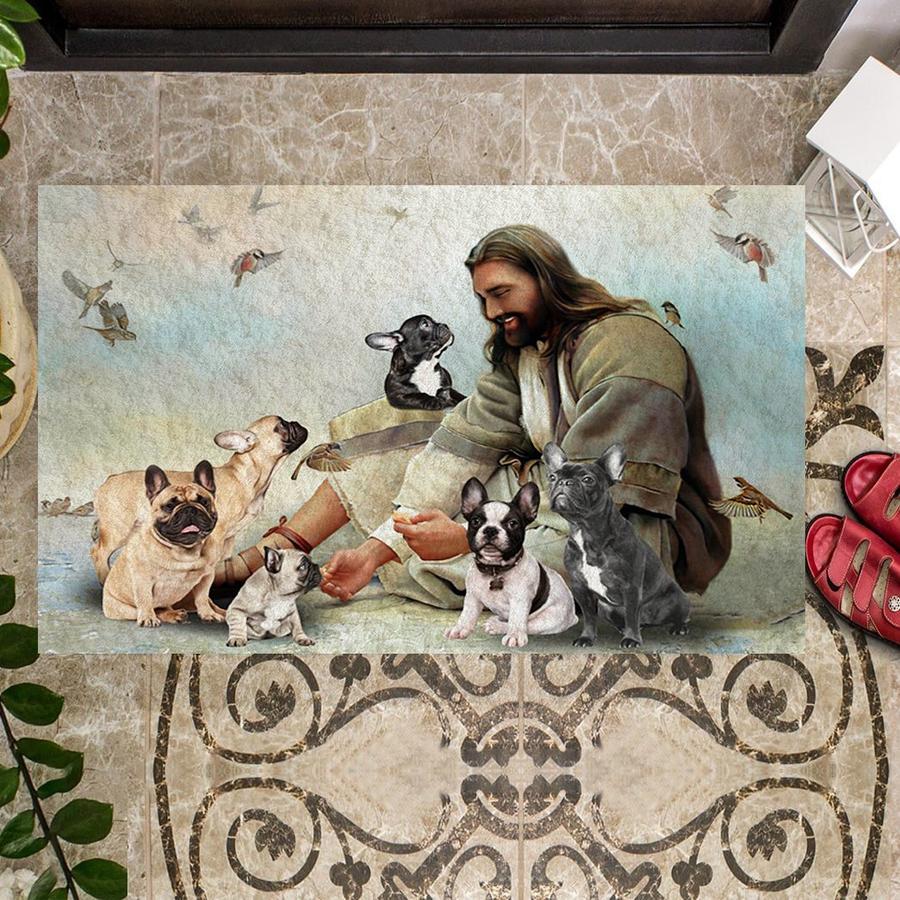 Jesus Surrounded By French Bulldogs Doormat