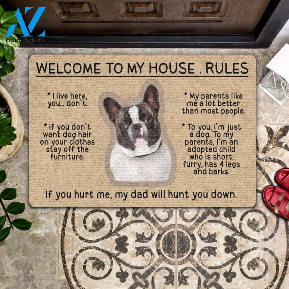 Frenchie Doormat Welcome To My House Rules | Welcome Mat | House Warming Gift | Christmas Gift Decor
