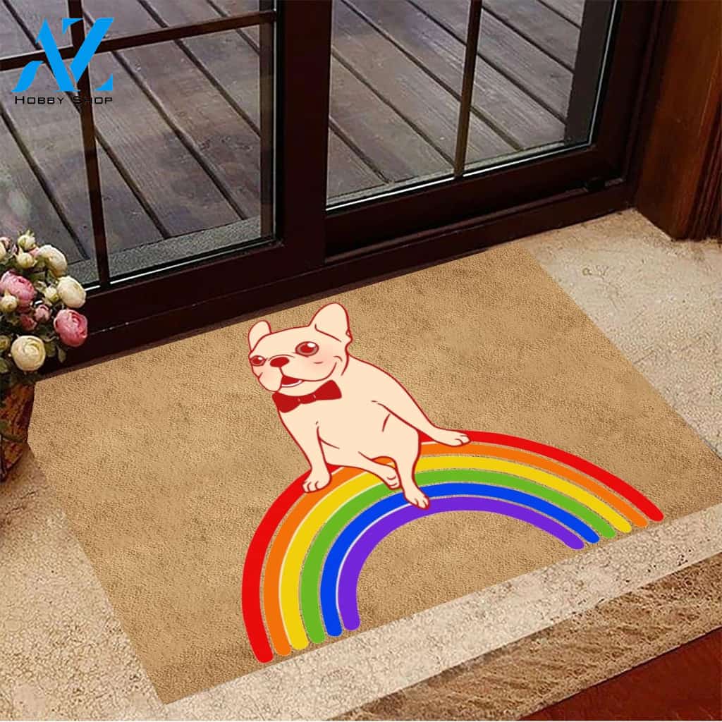 Frenchie Sitting On Rainbow LGBT Pride Doormat Welcome Mat House Warming Gift Home Decor Gift for Dog Lovers Funny Doormat Gift Idea