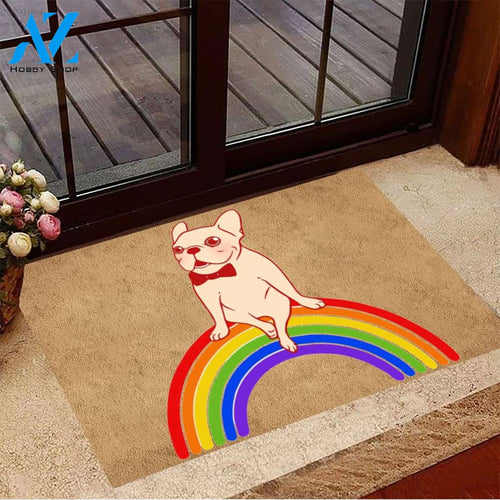 Frenchie Sitting On Rainbow LGBT Pride Doormat Welcome Mat House Warming Gift Home Decor Gift for Dog Lovers Funny Doormat Gift Idea
