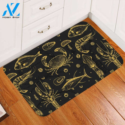 Fresh Seafood Gold and Black Printed Doormat Home Decor