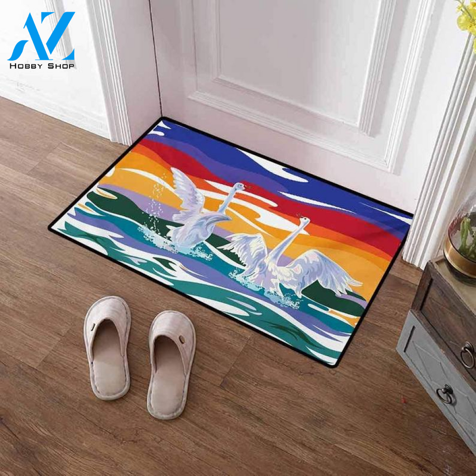 Funky Style Image Of Swan Couple Swimming In Sea Rainbow Easy Clean Welcome DoorMat | Felt And Rubber | DO2225