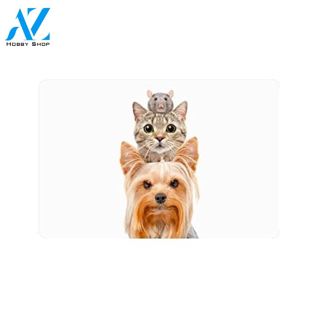 Funny Animal Portrait of Dog Cat and Rat Doormat Welcome Mat House Warming Gift Home Decor Funny Doormat Gift Idea