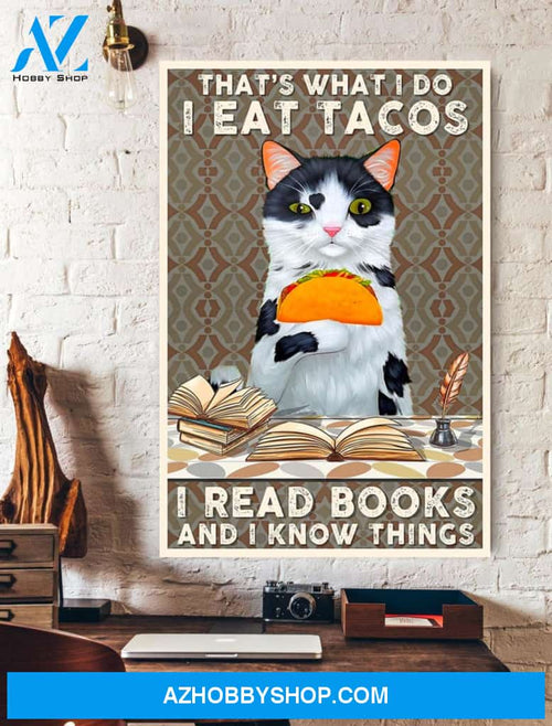 Funny Cat Eat Tacos Read Books Canvas And Poster, Wall Decor Visual Art