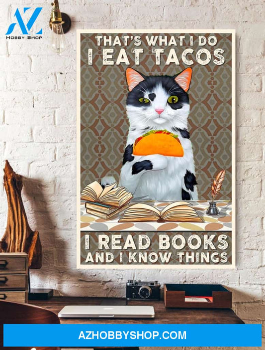 Funny Cat Eat Tacos Read Books Canvas And Poster, Wall Decor Visual Art