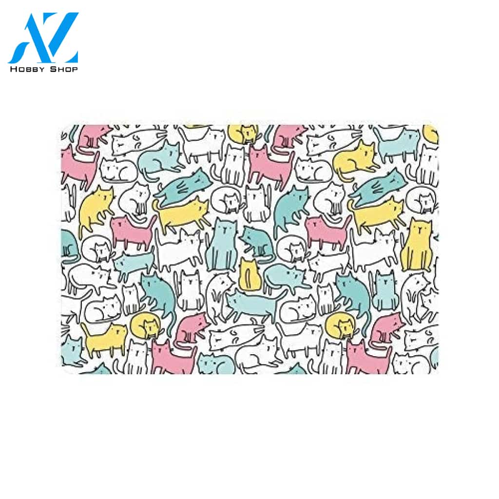 Funny Cats Cute Doodle Animals Doormat Welcome Mat House Warming Gift Home Decor Gift for Cat Lovers Funny Doormat Gift Idea