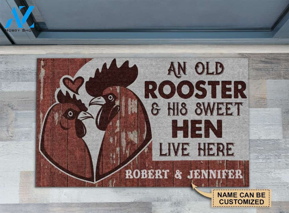 Funny Customized Mat - An Old Rooster And His Hen Live Here | Welcome Mat | House Warming Gift
