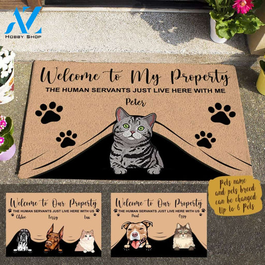Funny Dog and Naive Cat, Welcome The Human Servants Just Live Here With Their Furry OverLords Personalized Doormat