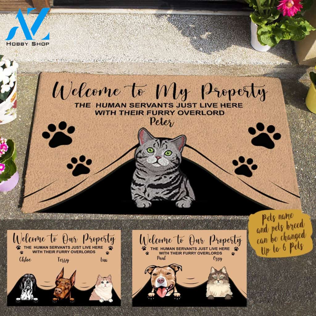 Funny Dog and Naive Cat, Welcome The Human Servants Just Live Here With Their Furry OverLords Personalized Doormat
