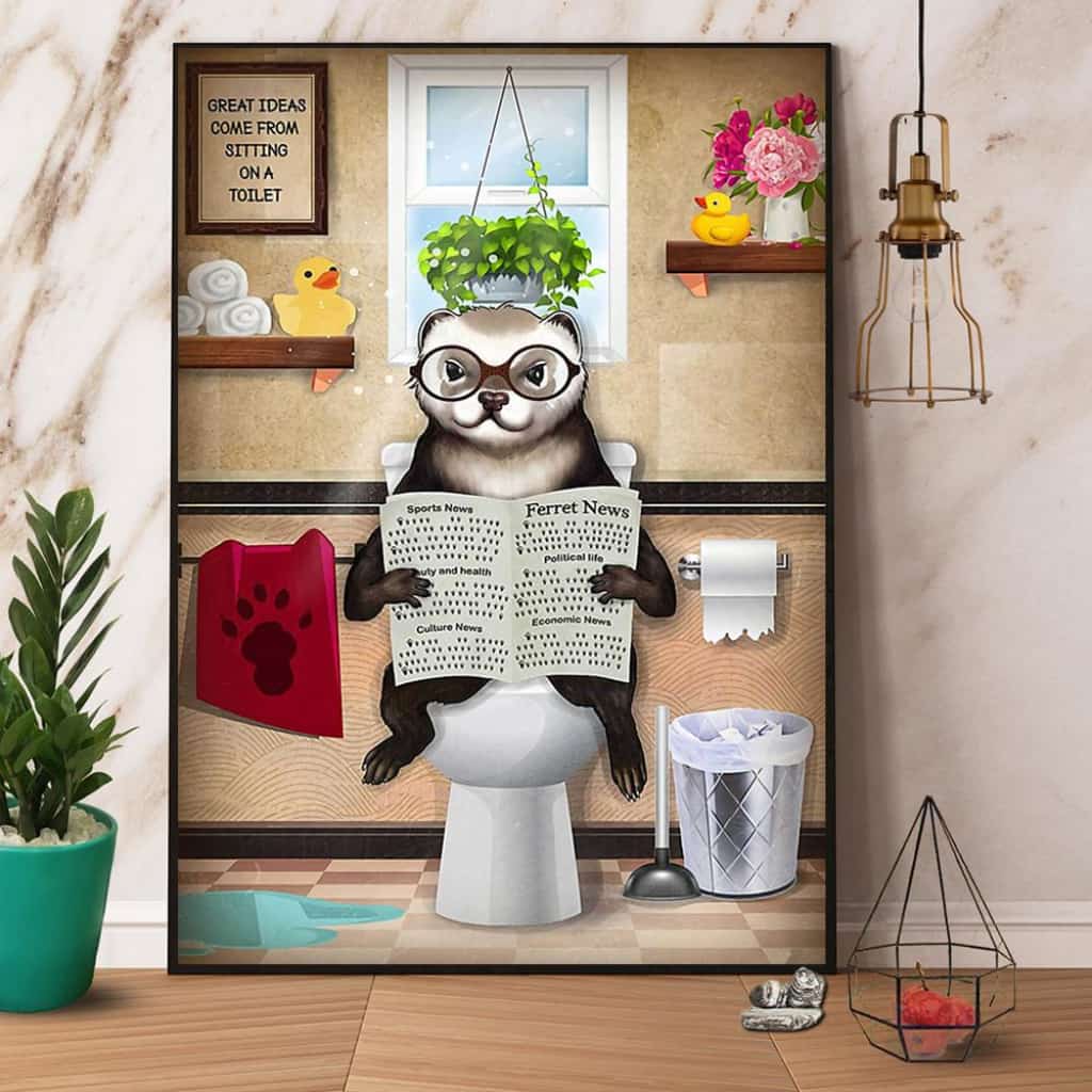 Funny Ferret Sitting On Toilet And Reading A Newspaper Paper Poster No Frame Matte Canvas Wall Decor