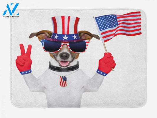 Funny Pet Dog With An Uncle Sam Hat Holding A Peace Sign And An American Flag Doormat Welcome Mat House Warming Gift Home Decor Gift for Dog Lovers Funny Doormat Gift Idea