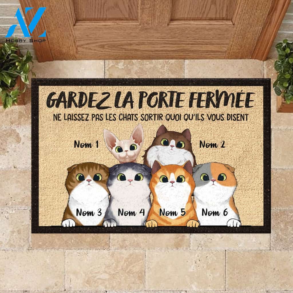 Gardez La Porte Fermée French - Funny Personalized Cat Doormat (WT) | WELCOME MAT | HOUSE WARMING GIFT