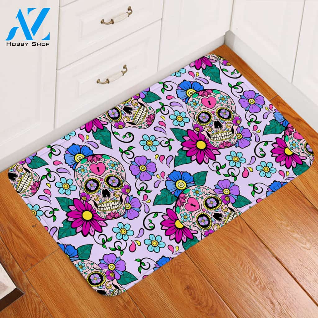 Gaudy Skulls Flowery Door Mat