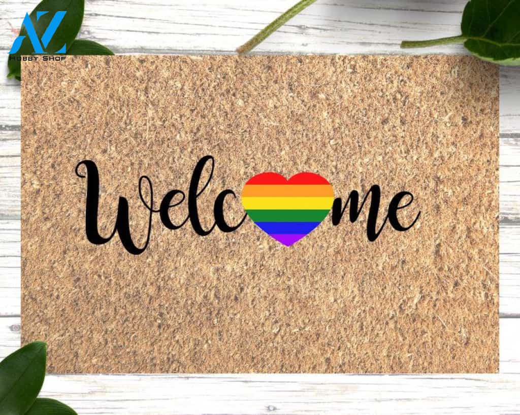 Gay Pride Doormat, LGBT Gift, Rainbow Welcome Mat, Gay Wedding Gift, Rainbow Heart, Welcome Mat