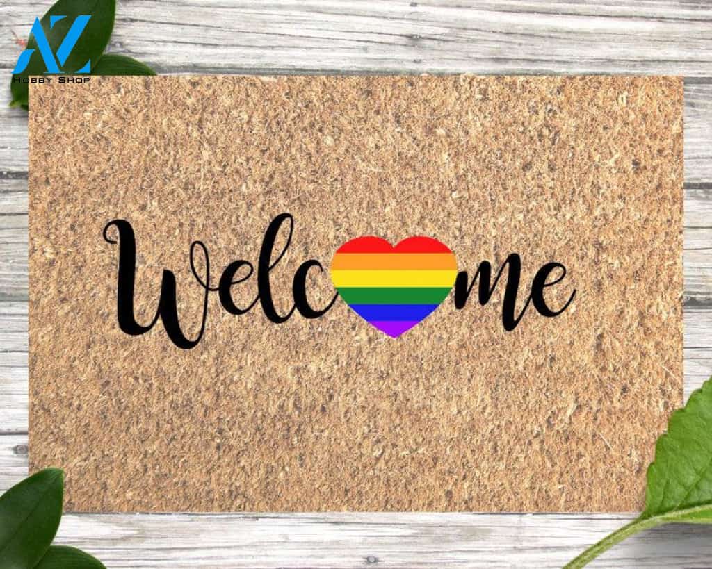 Gay Pride Doormat, LGBT Gift, Rainbow Welcome Mat, Gay Wedding Gift, Rainbow Heart, Welcome Mat