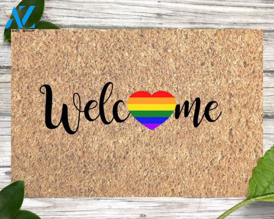 Gay Pride Doormat, LGBT Gift, Rainbow Welcome Mat, Gay Wedding Gift, Rainbow Heart, Welcome Mat