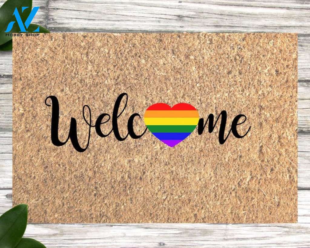 Gay Pride Doormat, LGBT Gift, Rainbow Welcome Mat, Gay Wedding Gift, Rainbow Heart, Welcome Mat