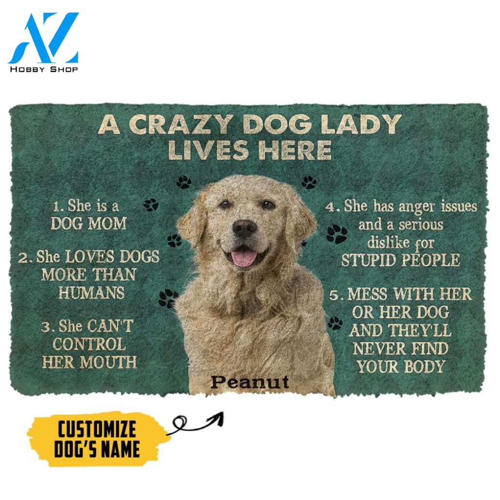 Gearhumans 3D A Crazy Dog Lady Lives Here Golden Retriever Custom Name Doormat