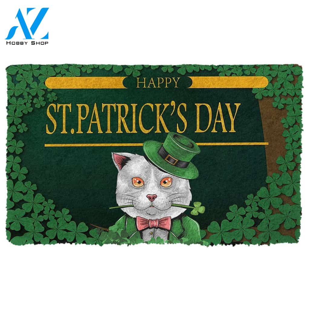 Gearhumans  Gearhuman 3D Happy St Patrick Day White Cat Custom Doormat
