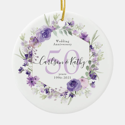 Geometric Floral Purple 50 Anniversary Ceramic Ornament