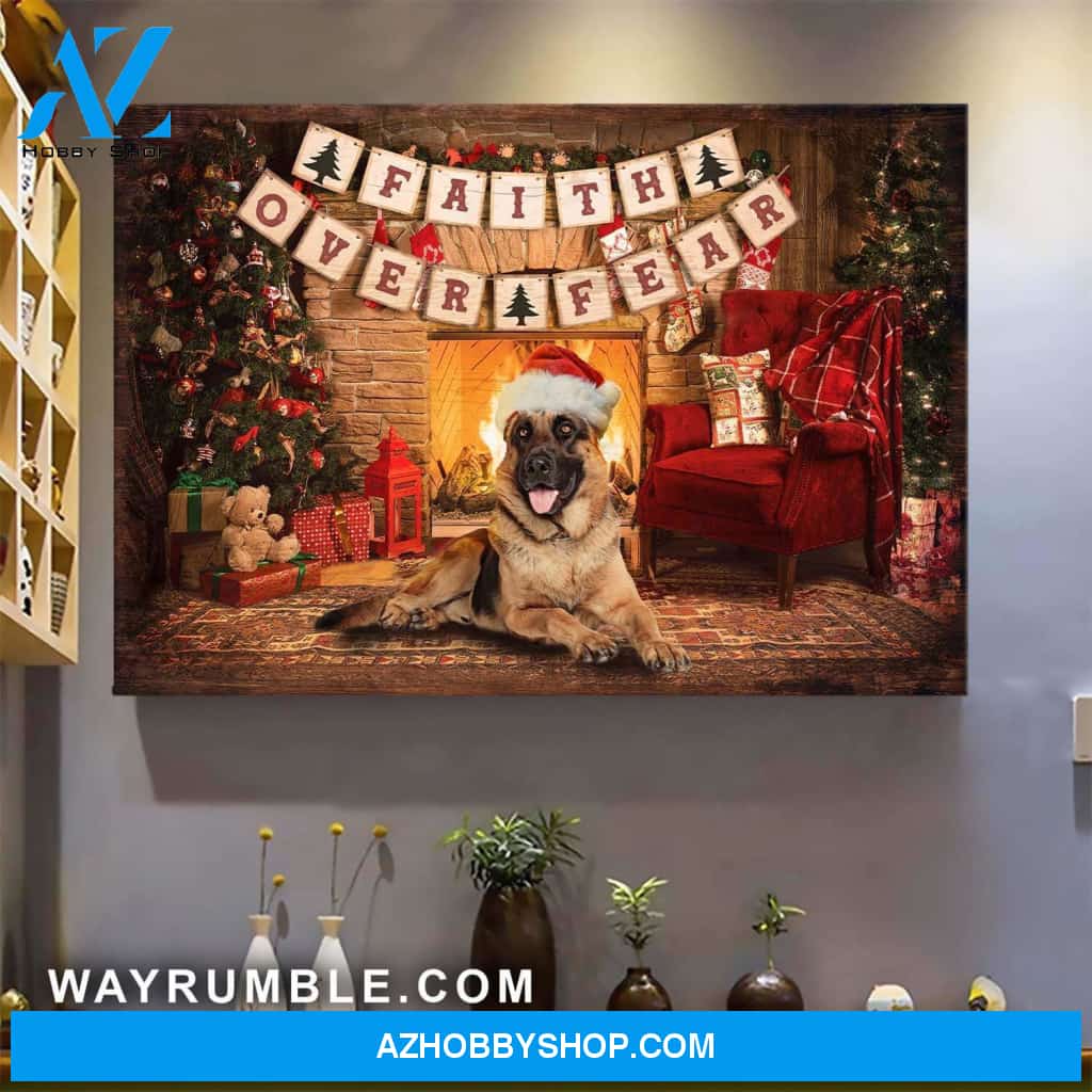 German Shepherd and fireplace - Faith over fear Dog Landscape Canvas Prints, Wall Art
