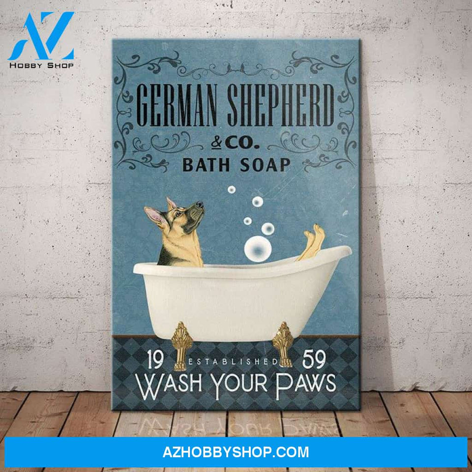 German Shepherd Dog Bath Soap Canvas Wall Art, Wall Decor Visual Art