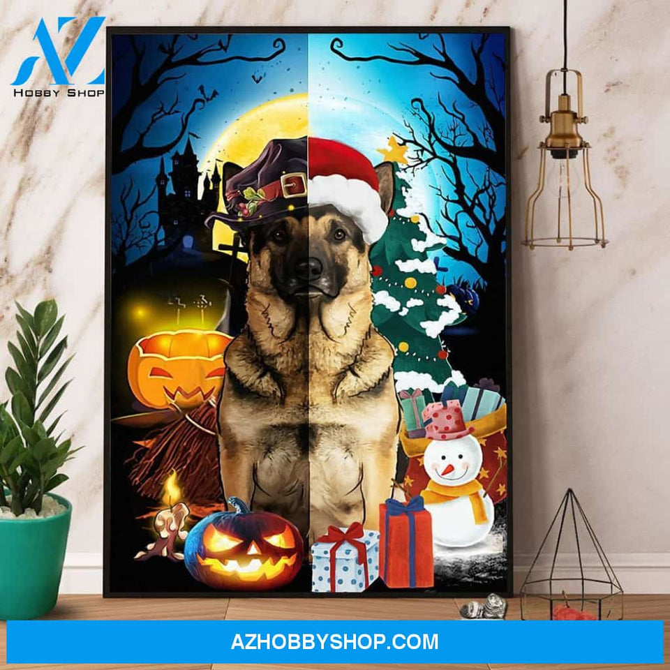 German Shepherd Halloween Christmas Half Face Canvas And Poster, Wall Decor Visual Art, Halloween Gift, Happy Halloween