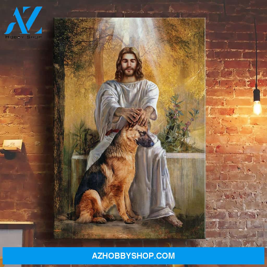 German Shepherd under the care of God - Jesus painting Portrait Canvas Prints, Wall Art