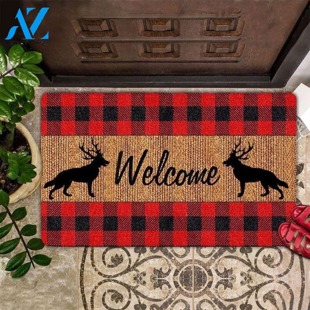 German Shepherd Welcome Merry Christmas Buffalo Plaid Doormat Gift For Dog Lovers Birthday Gift Home Decor Warm House Gift Welcome Mat