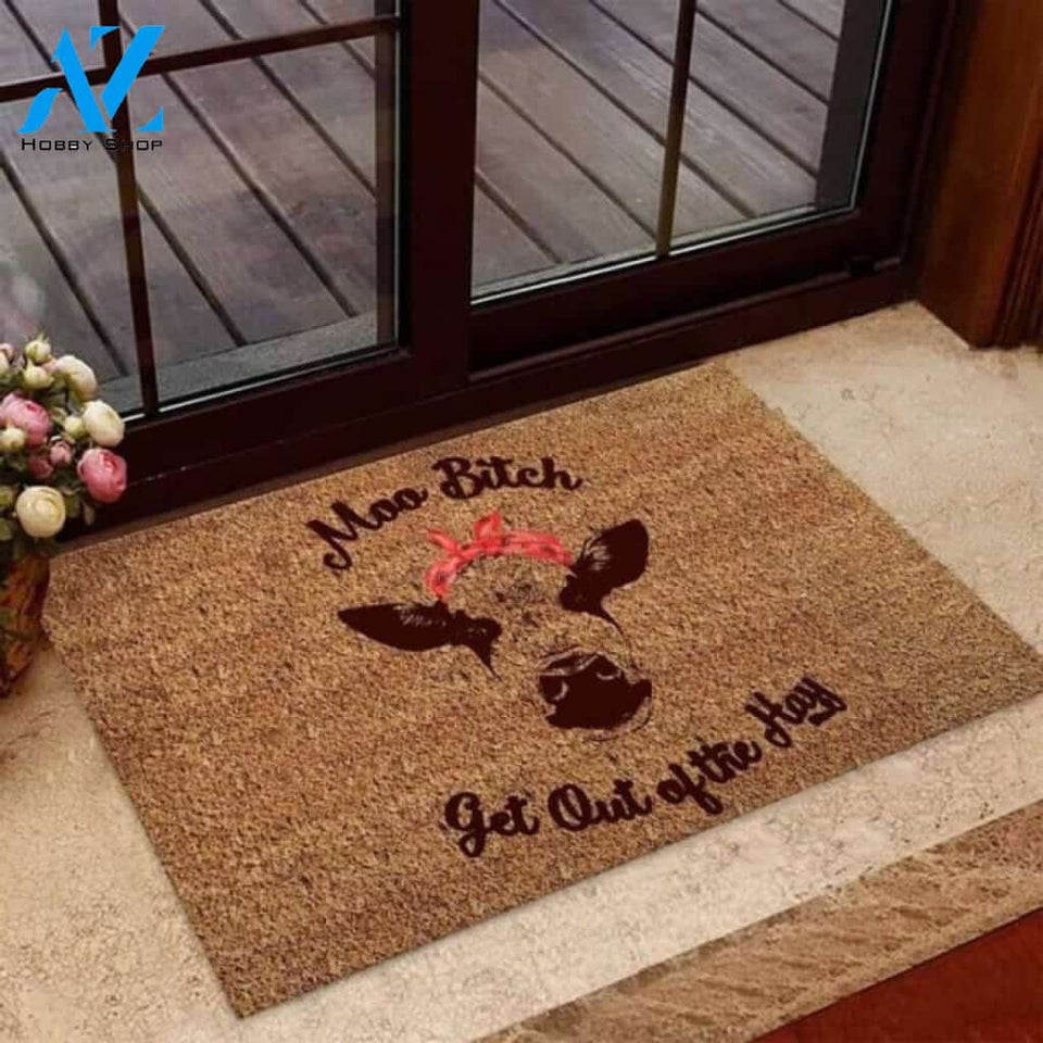 Get Out Of The Hay Cow Coir Pattern Print Doormat | Welcome Mat | House Warming Gift