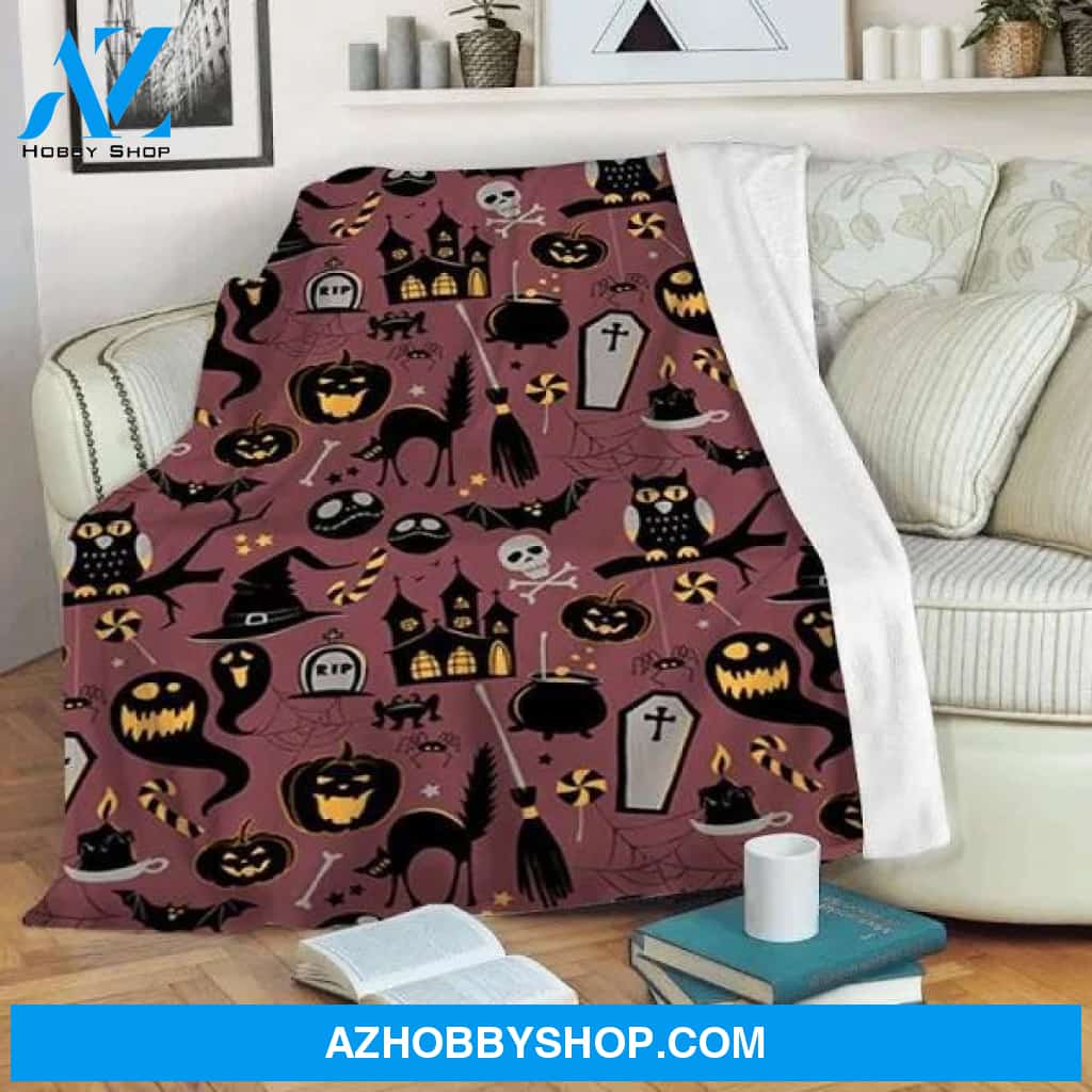 Ghost Castle Tombstone Witch Broom Halloween Fleece Blanket Funny Halloween Gift, Halloween Decor