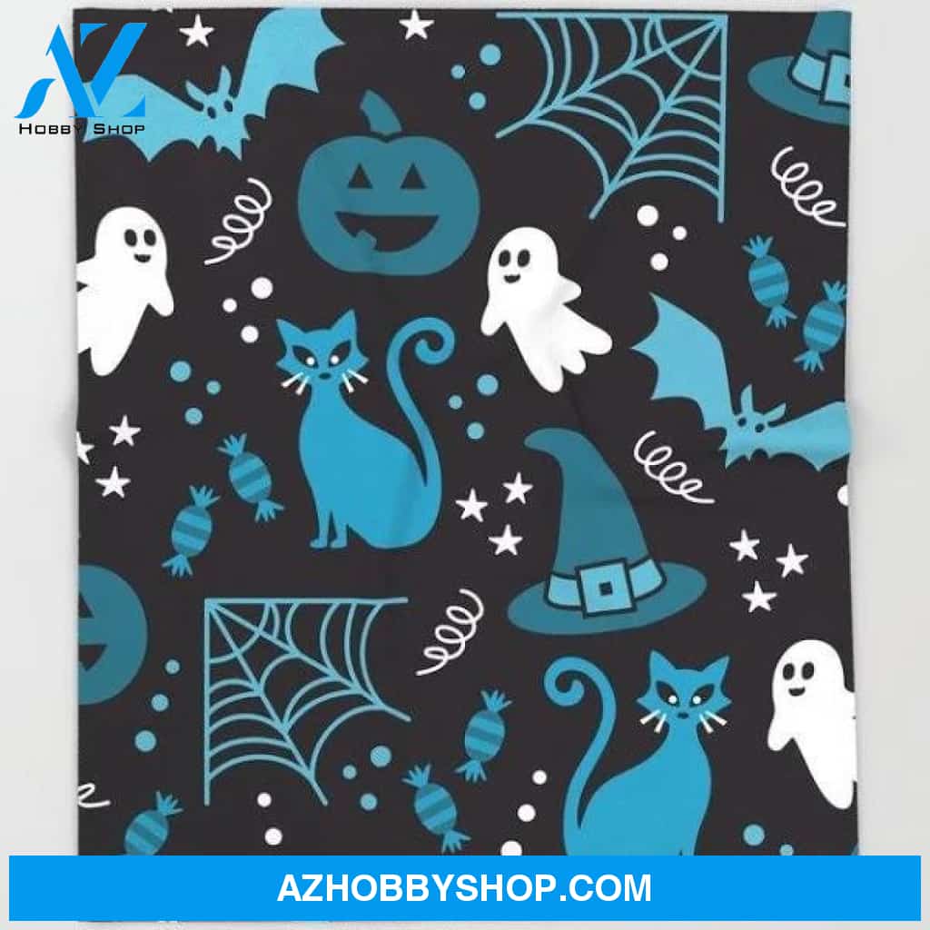 Ghost Cat and Spiderweb Halloween Fleece Blanket Funny Halloween Gift, Halloween Decor