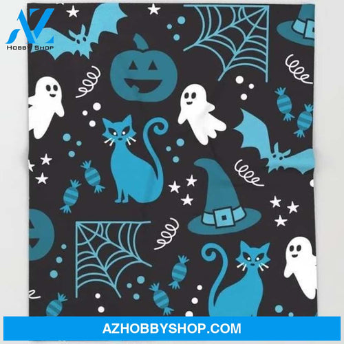 Ghost Cat and Spiderweb Halloween Fleece Blanket Funny Halloween Gift, Halloween Decor