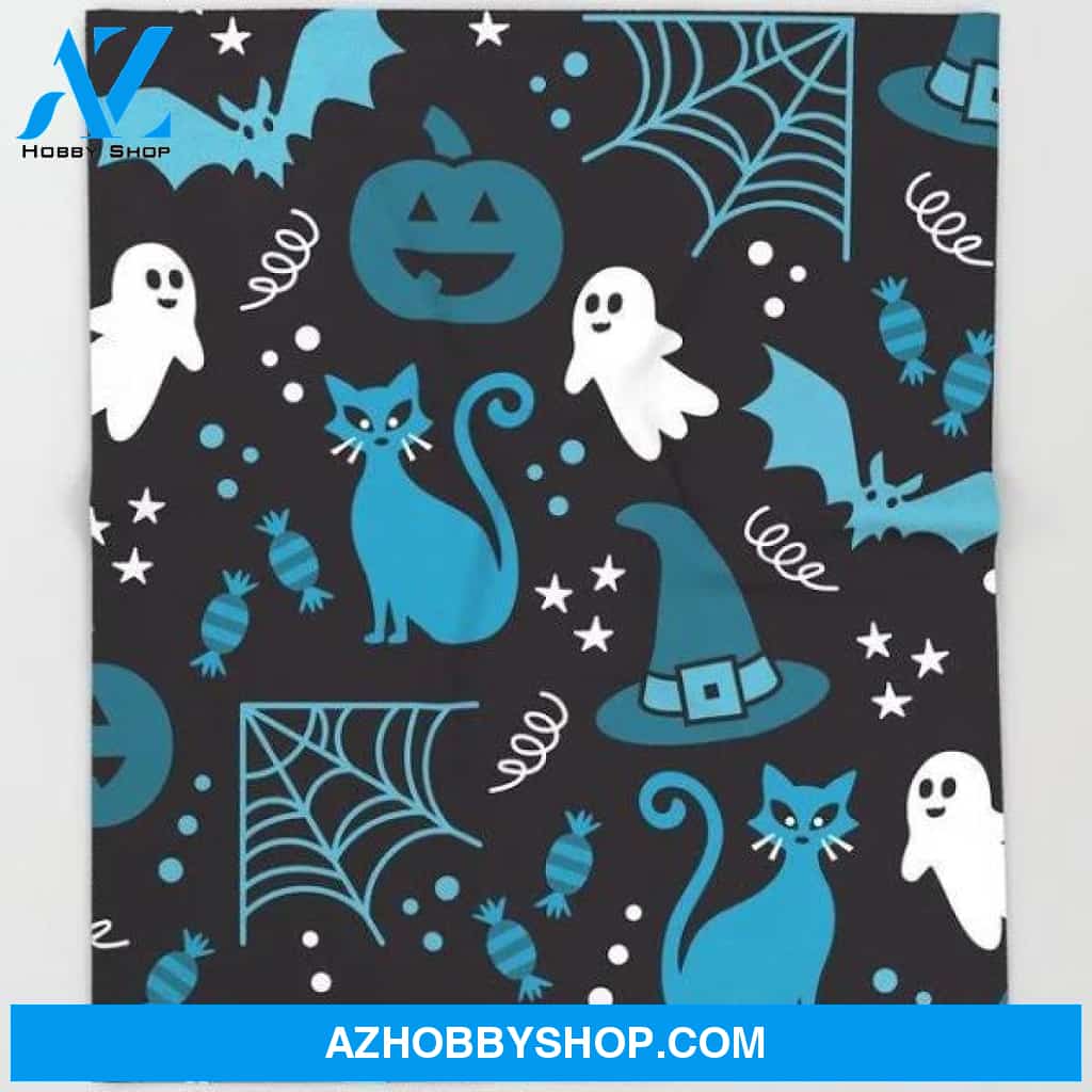 Ghost Cat and Spiderweb Halloween Fleece Blanket Funny Halloween Gift, Halloween Decor