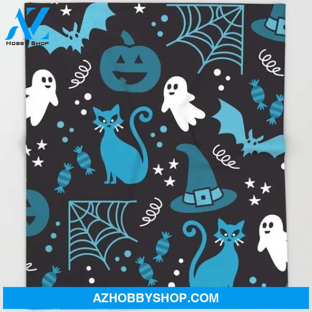 Ghost Cat and Spiderweb Halloween Fleece Blanket Funny Halloween Gift, Halloween Decor