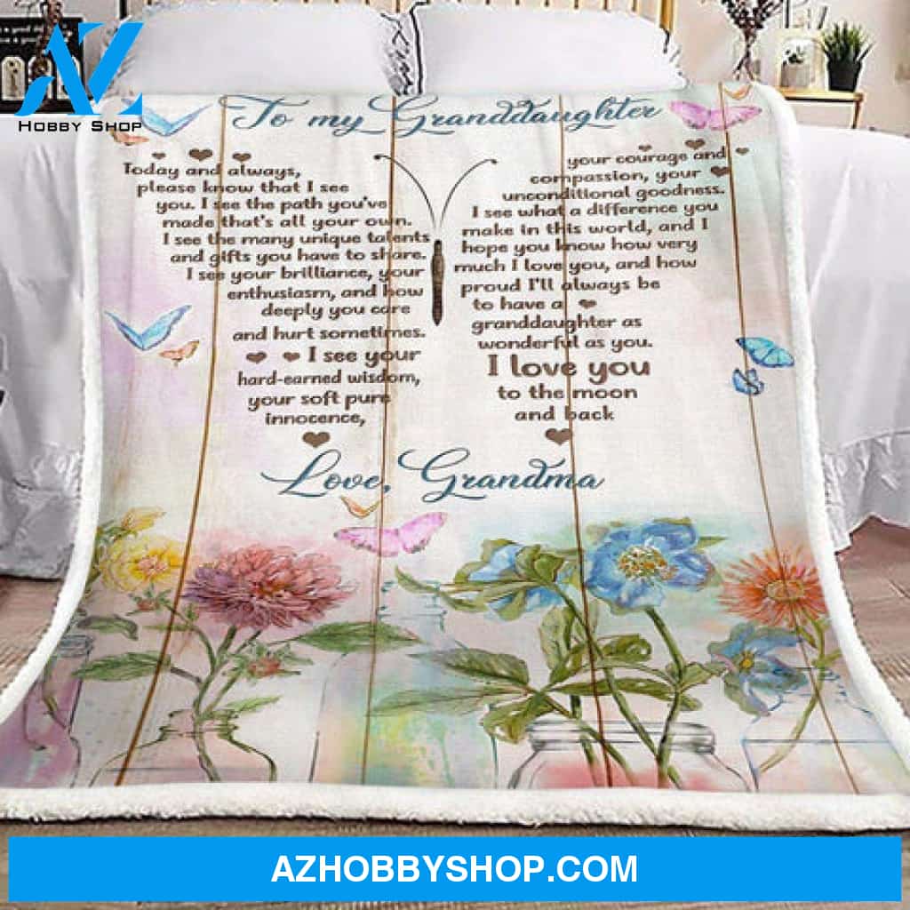 Gift For Granddaughter Blanket, Butterfly Flower To My Granddaughter I Love You To The Moon And Back - Love From Grandma