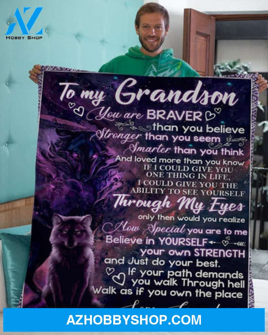 Gift For Grandson Blanket, To Grandson Grandma Wolf Braver