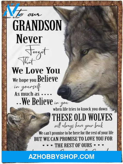 Gift For Grandson Blanket, To My Grandson From Grandpa And Grandma Wolf Never Forget That We Love You