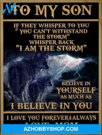 Gift For Son Blanket, To My Son If They Whisper To You Mom Wolves Thunder Black Fleece Blanket