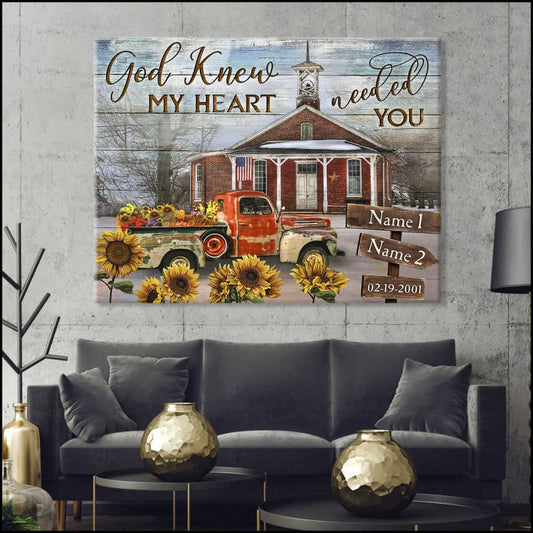 Custom Canvas Prints Personalized Gifts Wedding Anniversary Gifts God knew my heart needed you Vintage Church and Floral Truck Wall Art Decor