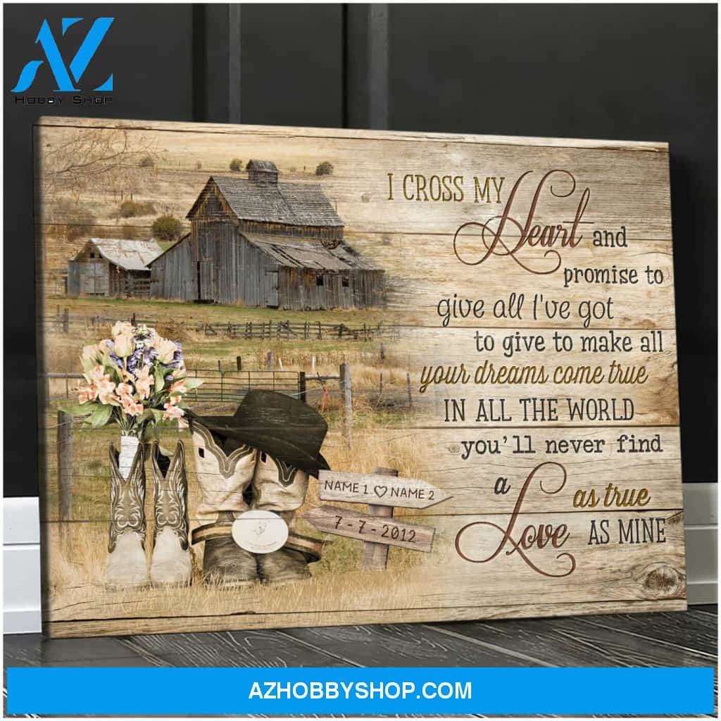 Personalized Gifts Wedding Anniversary Gifts I Cross My Heart Cowboy Boots and Barn Wall Art Decor, Canvas Prints