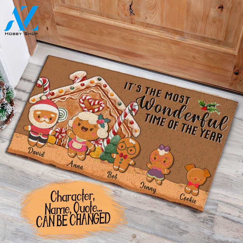 Gingerbread Family Christmas Personalized Doormat, We Wish You A Merry Christmas Doormat Parents And Children Pets Customized, Live Preview AM07