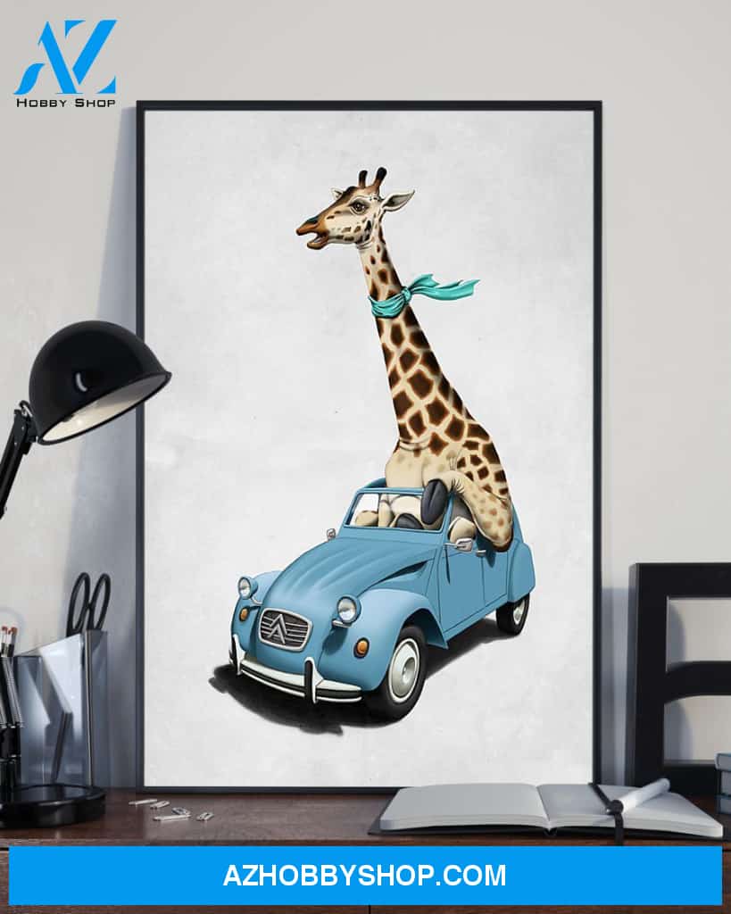 Giraffe Car Vertical Canvas Prints, Wall Decor Visual Art