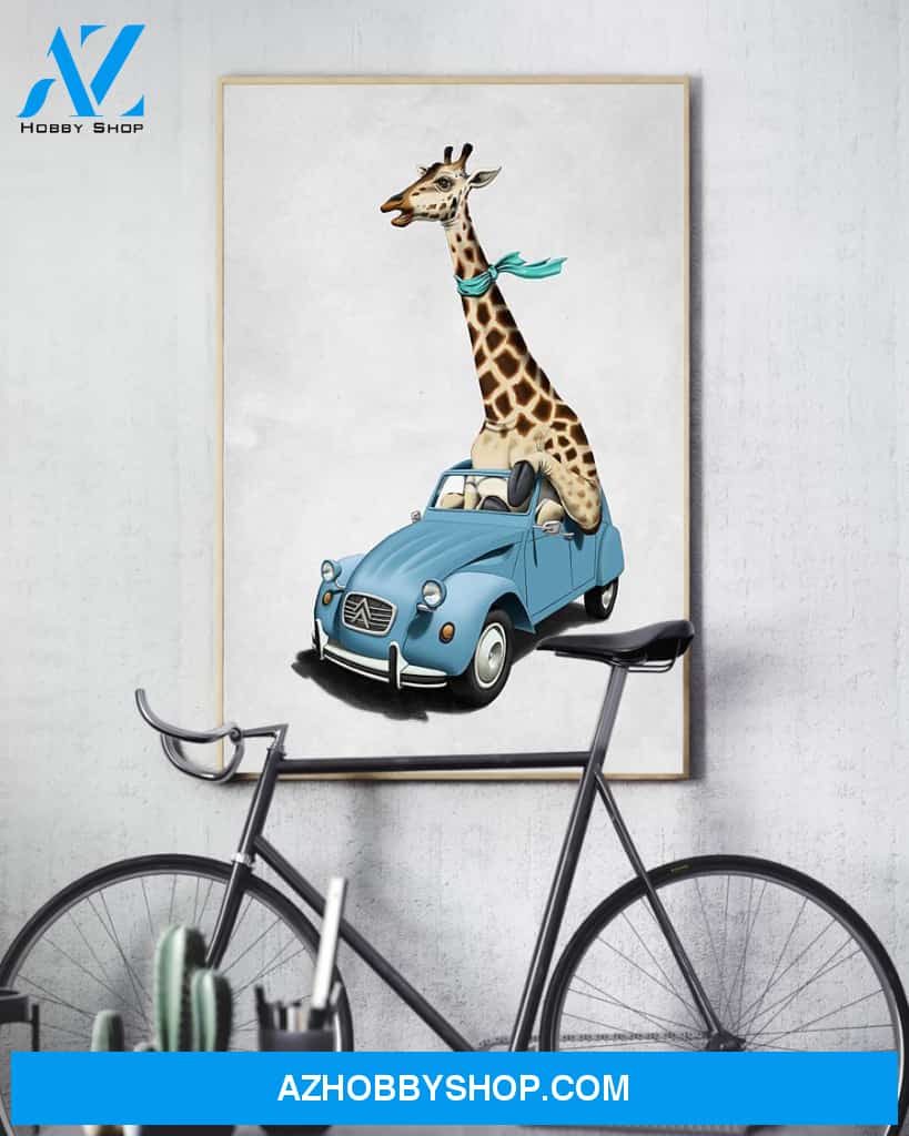 Giraffe Car Vertical Canvas Prints, Wall Decor Visual Art