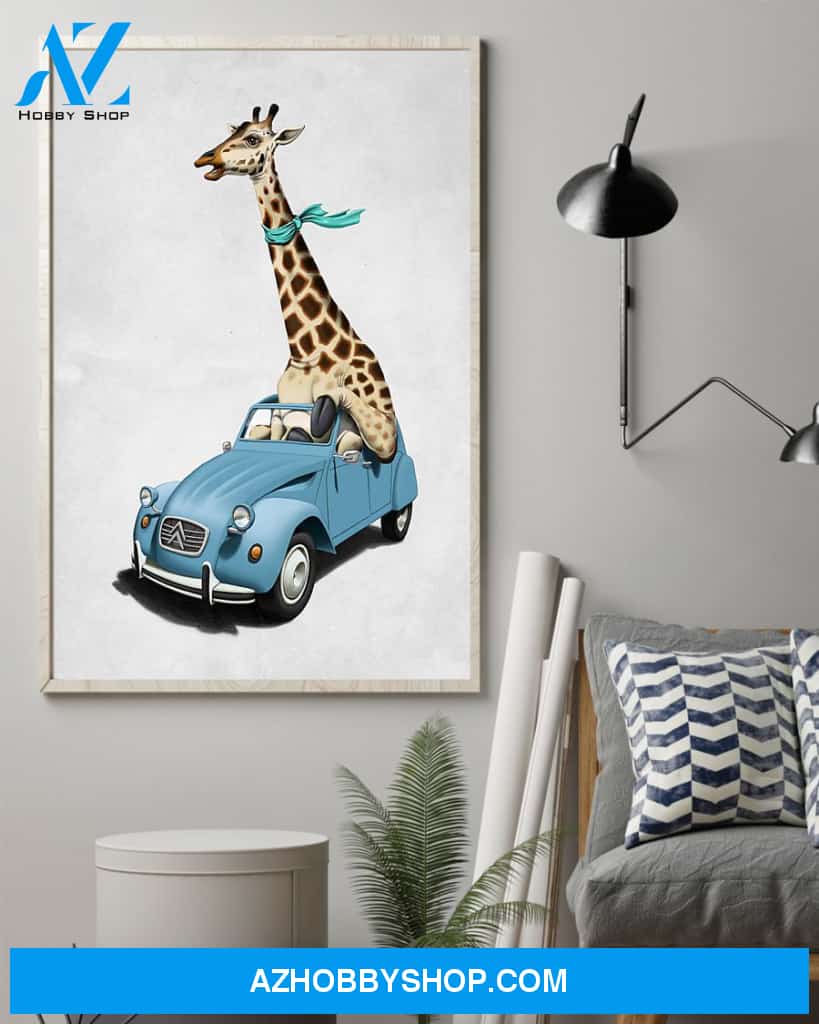 Giraffe Car Vertical Canvas Prints, Wall Decor Visual Art