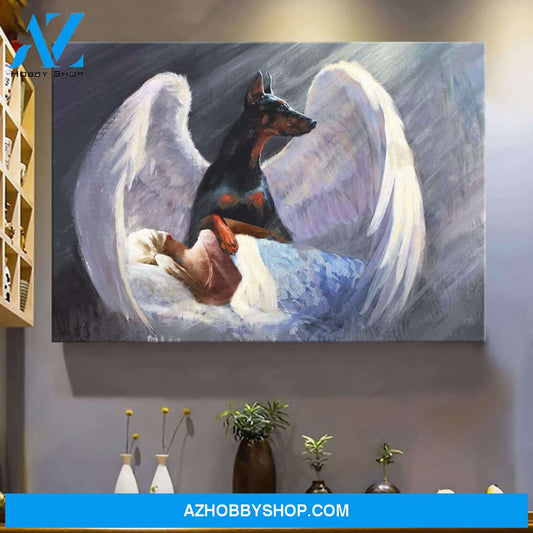 Girl and Doberman with beautiful wings Doberman Landscape Canvas Prints - Wall Art