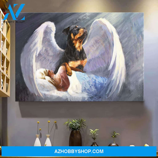 Girl and Rottweiler with beautiful wings Rottweiler Landscape Canvas Prints - Wall Art
