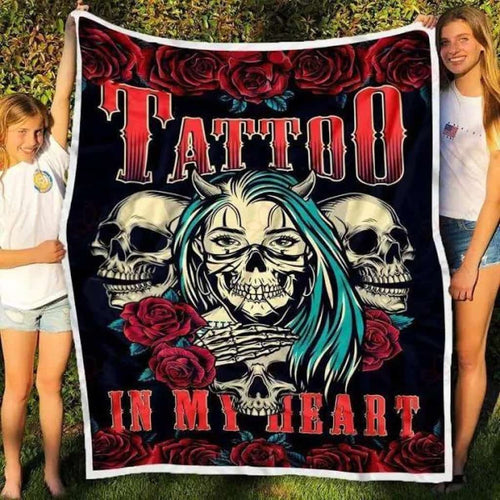 Girl And Skull Red Roses Tattoo In My Heart Fleece Blanket
